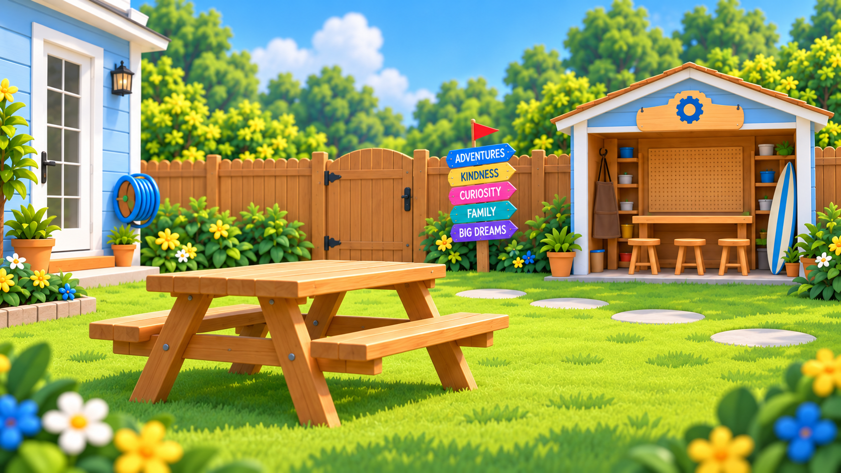 The sunny backyard with Daddy's open-front Fix-It Shed and child-height workbench