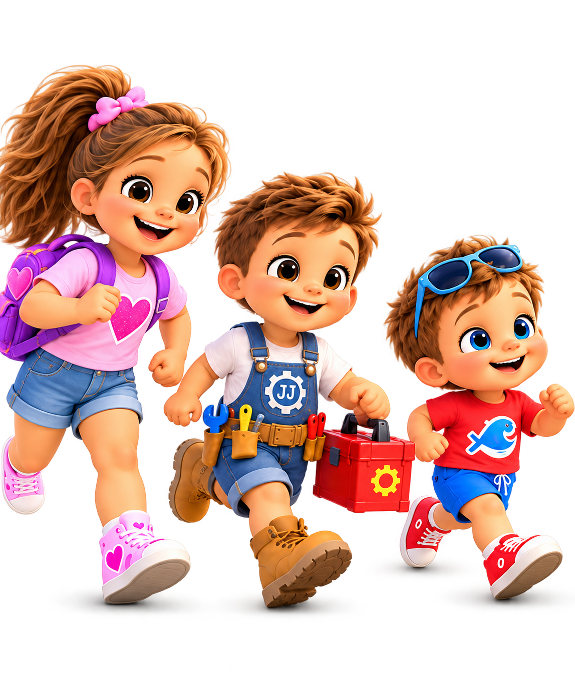 NiNi, Joe Joe and Ahi running together with happy, energetic expressions