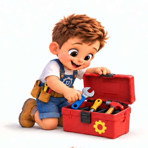 Joe Joe kneeling beside his red toolbox